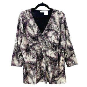 East 5th Woman Tunic Top Plus 3X V-Neck Pullover 3/4 Sleeve Pink Black Lace Edge